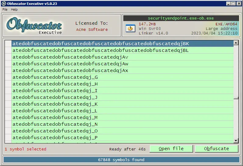 Obfuscator Executive showing obfuscated .exe file